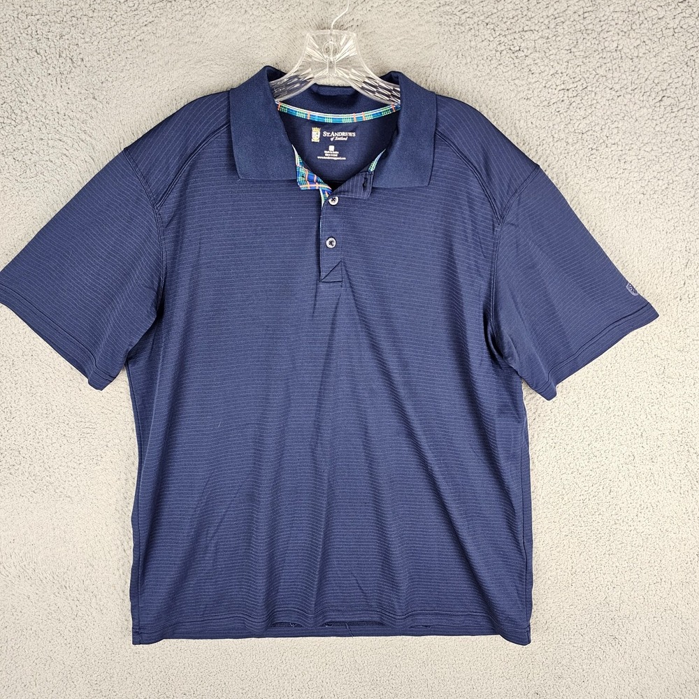 St. Andrews of Scotland Polo Shirt Mens XL Navy Striped Short Sleeve Performance